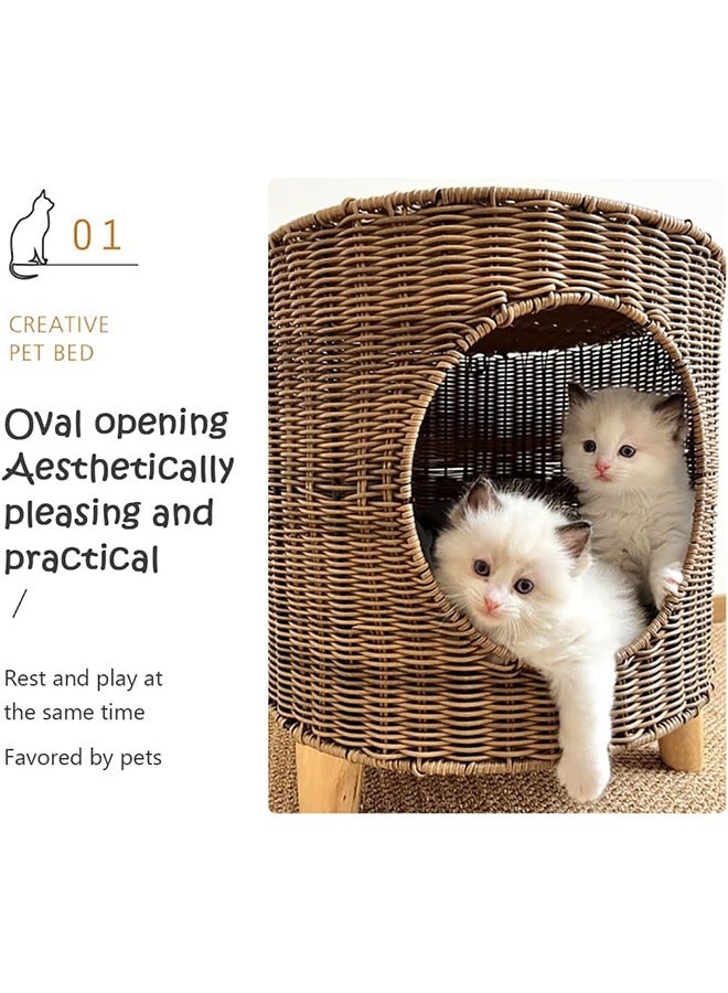 Woven Cat Bed, Semi-Enclosed Rattan Pet House with Plush Mat Cool Mat and Vine Ball for Cats and Small Dogs, Elevated Cat Cave with 3 Legs, Comfortable and Breathable (Brown) - Image 3