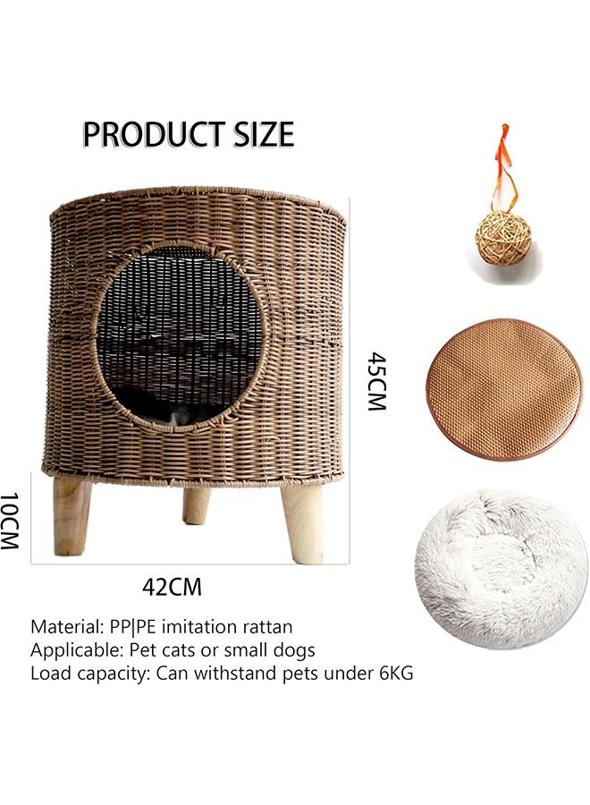 Woven Cat Bed, Semi-Enclosed Rattan Pet House with Plush Mat Cool Mat and Vine Ball for Cats and Small Dogs, Elevated Cat Cave with 3 Legs, Comfortable and Breathable (Brown) - Image 2