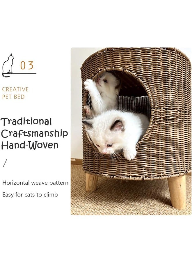 Woven Cat Bed, Semi-Enclosed Rattan Pet House with Plush Mat Cool Mat and Vine Ball for Cats and Small Dogs, Elevated Cat Cave with 3 Legs, Comfortable and Breathable (Brown) - Image 5