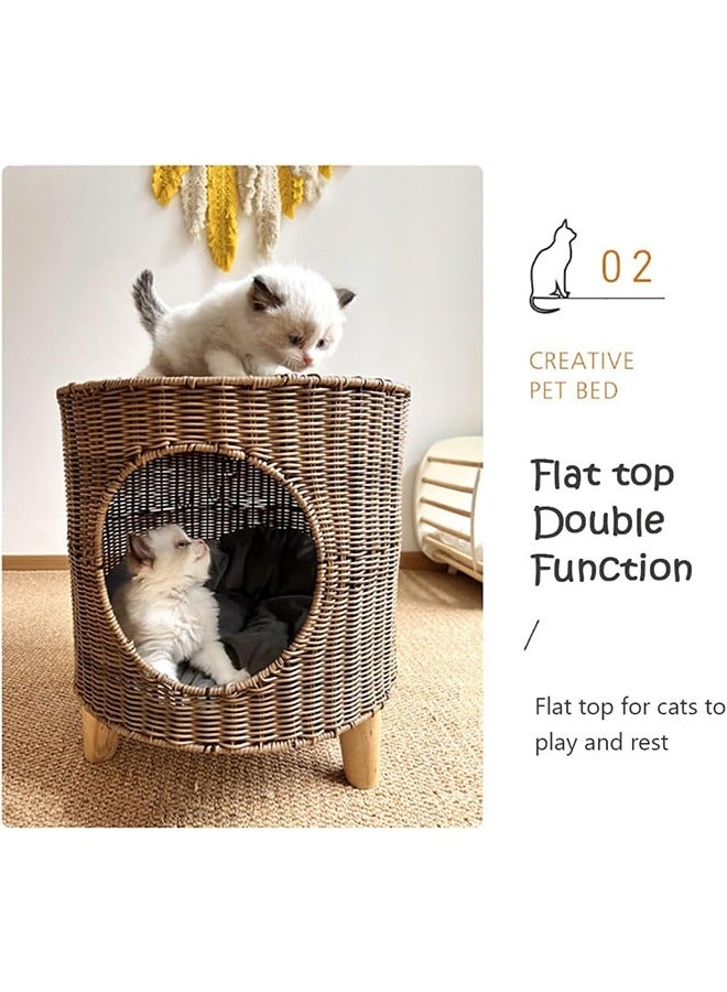 Woven Cat Bed, Semi-Enclosed Rattan Pet House with Plush Mat Cool Mat and Vine Ball for Cats and Small Dogs, Elevated Cat Cave with 3 Legs, Comfortable and Breathable (Brown) - Image 4