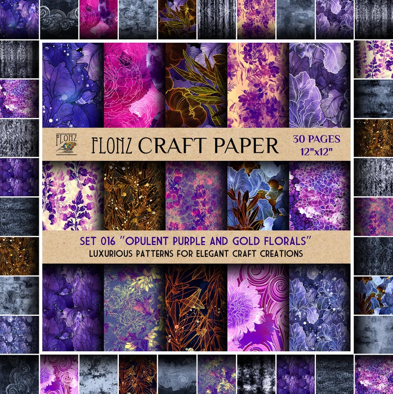 Scrapbook Paper (30 pages 12"x12") Opulent Purple and Gold Florals: Luxurious Patterns for Elegant Craft Creations FLONZ Vintage Styled Double Sided Paper Pad for Craft Cardmaking