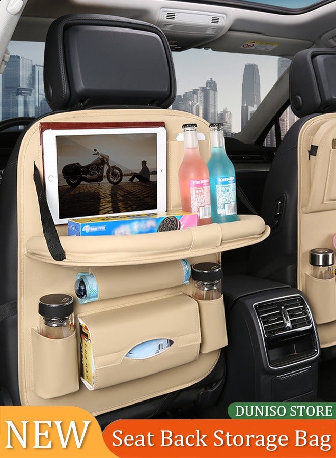 Loquat Car Back Seat Organizers,PU Leather Car Back Seat Organizer,Back Seat Organizer with Tray and Storage Leather for Kids Toy Bottle Drink Vehicles Travel Accessories (Beige) - Image 1