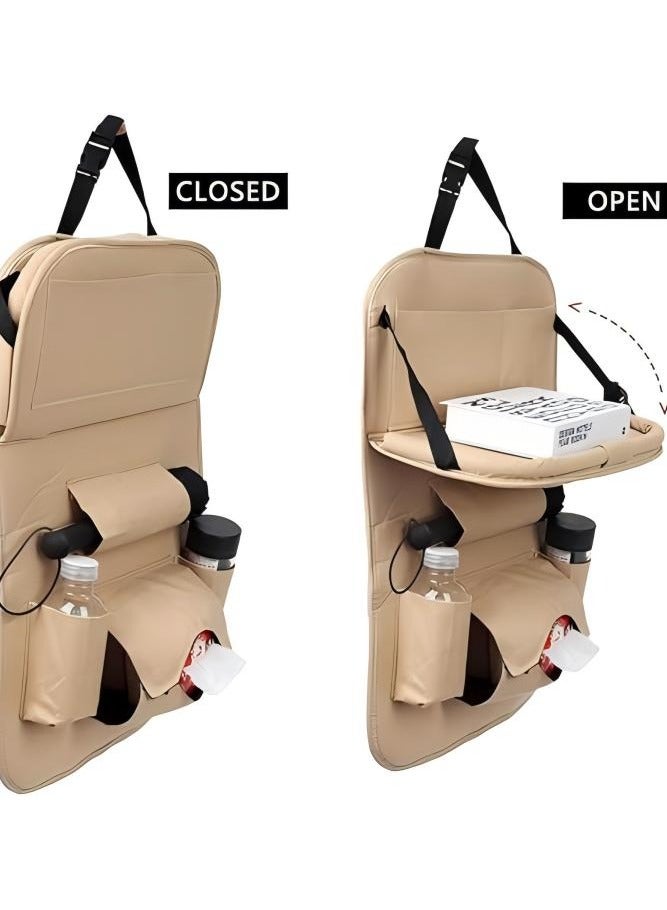 Loquat Car Back Seat Organizers,PU Leather Car Back Seat Organizer,Back Seat Organizer with Tray and Storage Leather for Kids Toy Bottle Drink Vehicles Travel Accessories (Beige) - Image 2