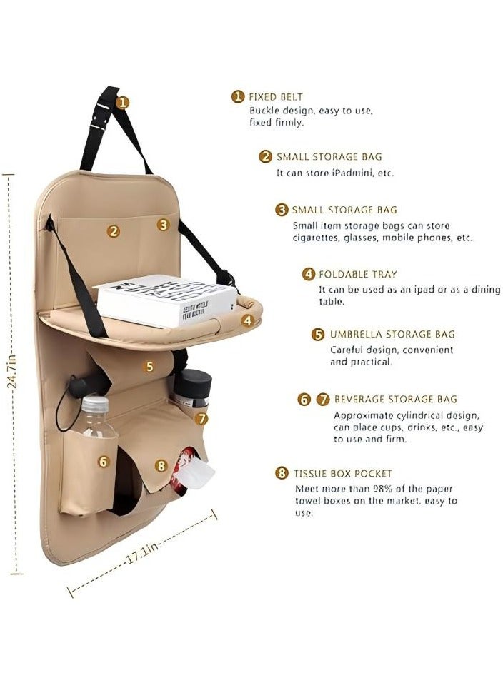 Loquat Car Back Seat Organizers,PU Leather Car Back Seat Organizer,Back Seat Organizer with Tray and Storage Leather for Kids Toy Bottle Drink Vehicles Travel Accessories (Beige) - Image 3
