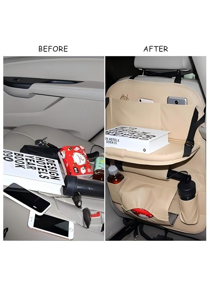 Loquat Car Back Seat Organizers,PU Leather Car Back Seat Organizer,Back Seat Organizer with Tray and Storage Leather for Kids Toy Bottle Drink Vehicles Travel Accessories (Beige) - Image 4