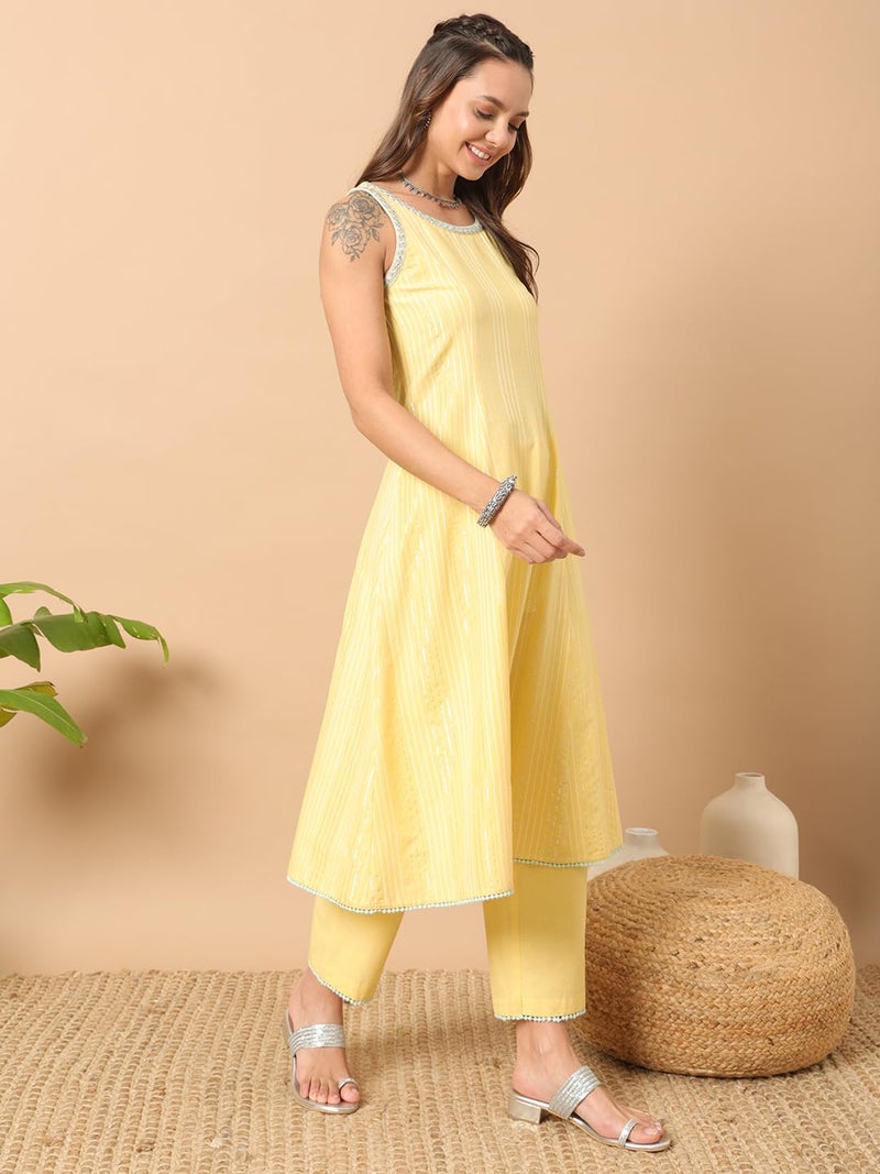 FIORRA Women's Yellow Lurex Cotton A-Line Kurta with Pant and Dupatta SET130 - Image 3
