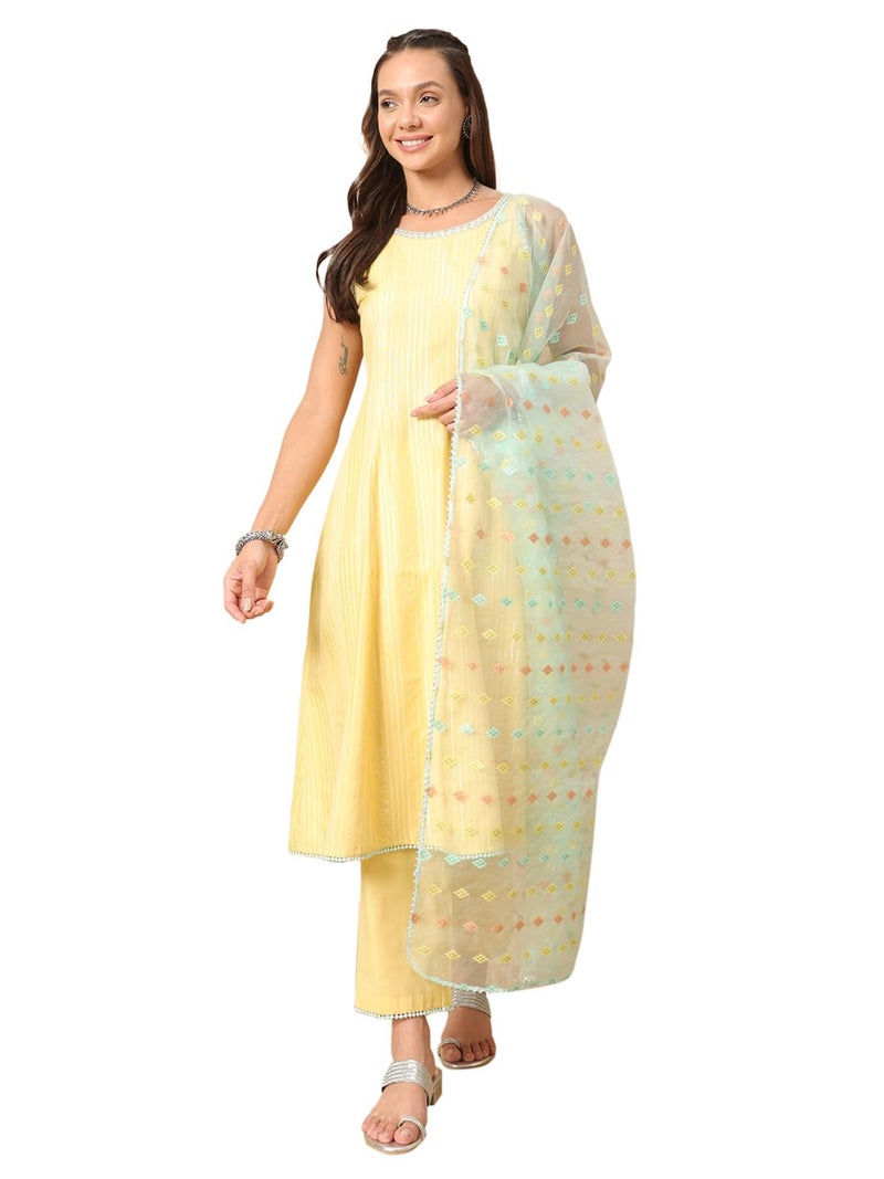 FIORRA Women's Yellow Lurex Cotton A-Line Kurta with Pant and Dupatta SET130 - Image 1