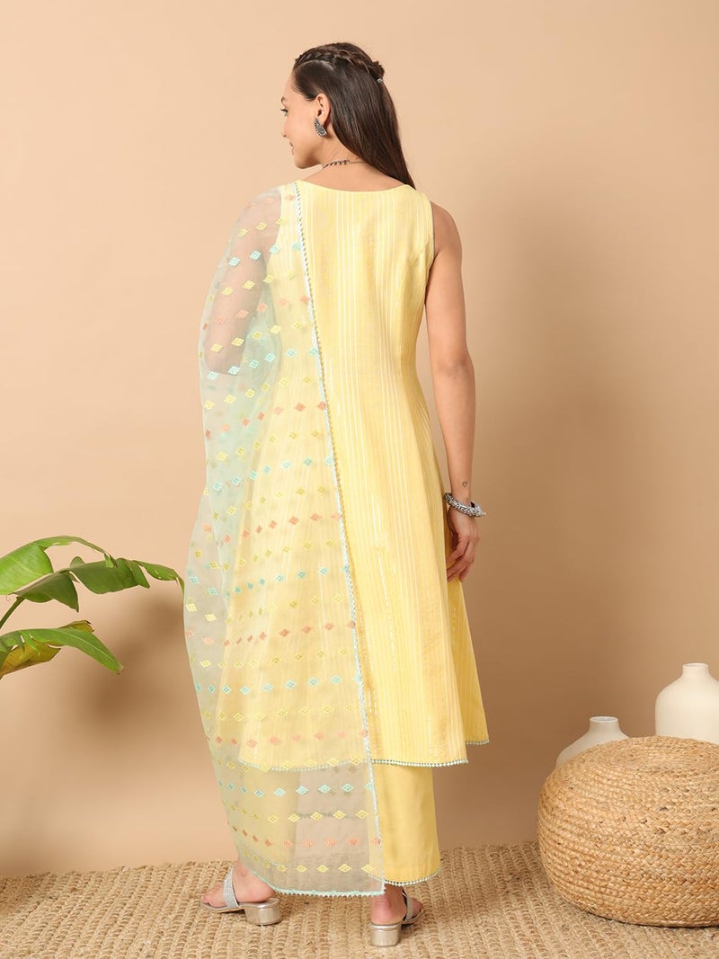 FIORRA Women's Yellow Lurex Cotton A-Line Kurta with Pant and Dupatta SET130 - Image 4