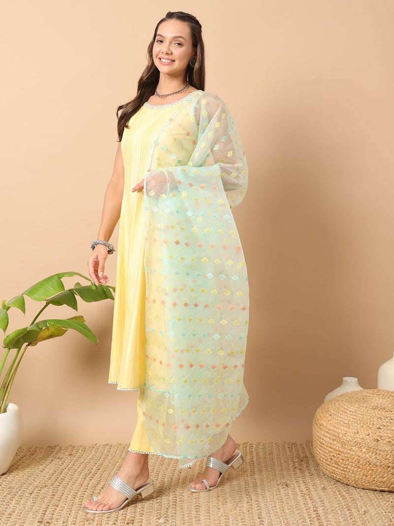 FIORRA Women's Yellow Lurex Cotton A-Line Kurta with Pant and Dupatta SET130 - Image 2