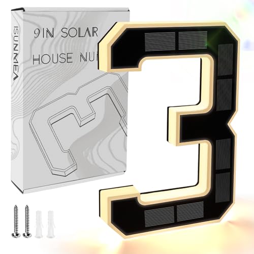 ISUNMEA 9 Inch Solar Lighted House Numbers for Outside Light Up Waterproof LED Address Numbers Signs for Houses Large Personalized Illuminated Exterior Modern House Numbers Light 3Black 9IN - Image 1