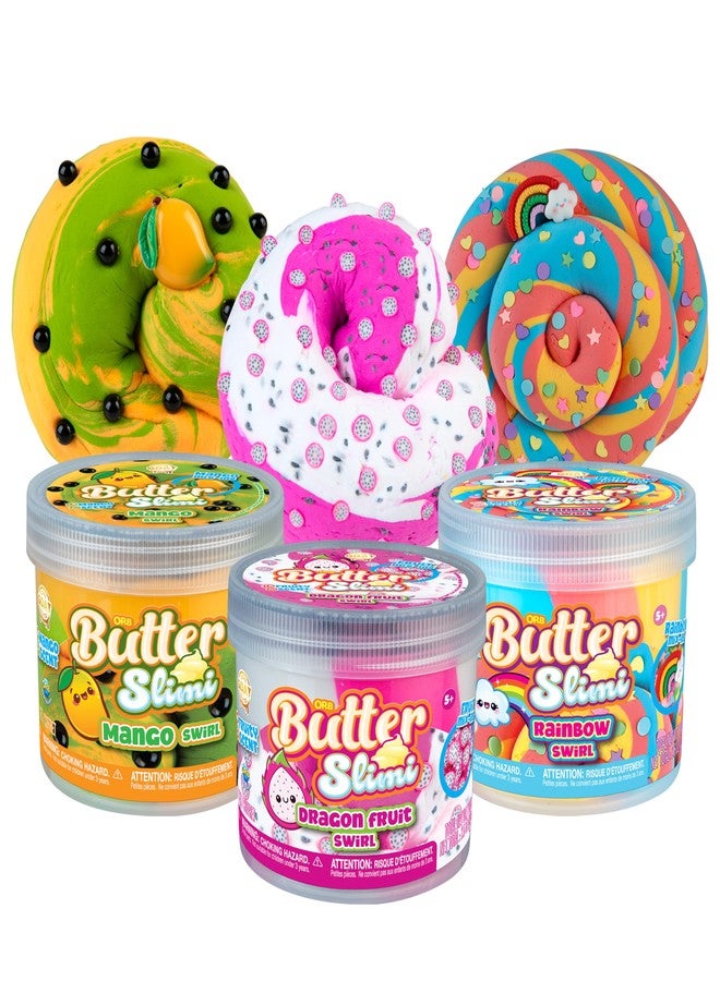 The Orb Factory ORB Goat Fluffy Butter Slime Fruit Salad 3 Pack Kit - Smooth, Soft, Fluffy Scented Dragon Fruit, Mango, Rainbow Swirl ORB Butter Slimes for Kids - Party Favors, Gifts with Resealable Slime Containers - Image 1