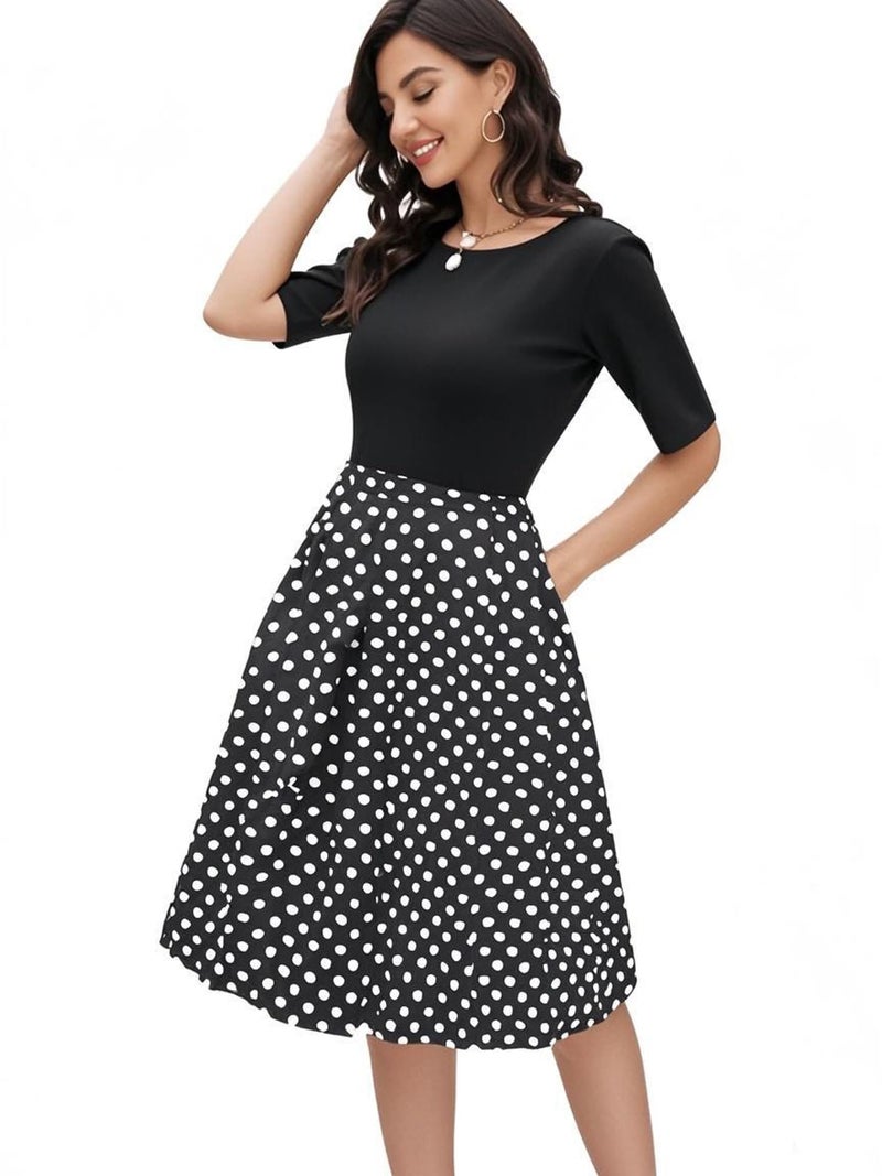 oxiuly Women's Vintage Patchwork Pockets Puffy Swing Casual Party Work Dress OX165 (Black, s) - Image 2