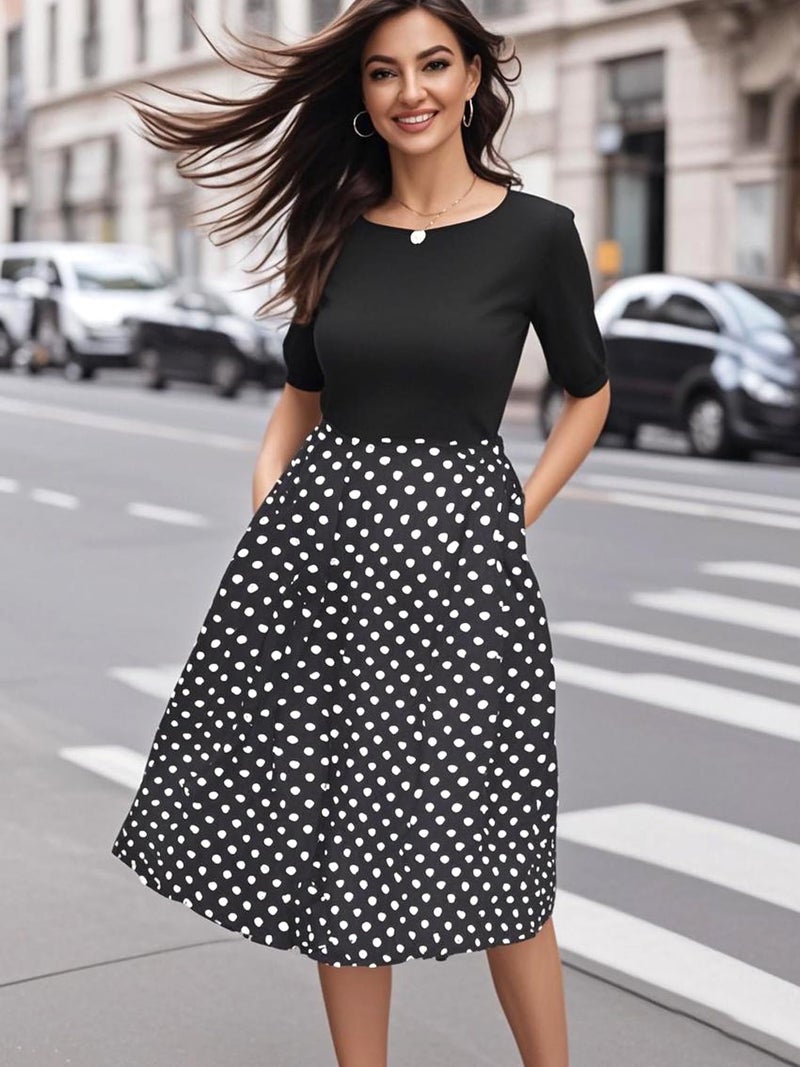 oxiuly Women's Vintage Patchwork Pockets Puffy Swing Casual Party Work Dress OX165 (Black, s) - Image 3