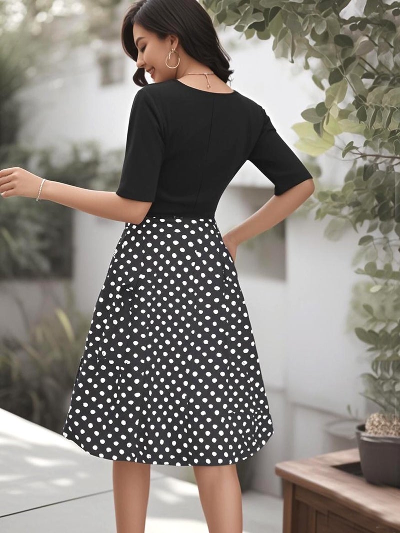 oxiuly Women's Vintage Patchwork Pockets Puffy Swing Casual Party Work Dress OX165 (Black, s) - Image 4