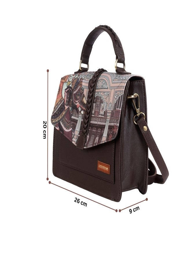 Fatfatiya Royal Elephant Print Satchel Handbag, Vegan Leather Structured Crossbody Bag with Adjustable Sling Strap for Office College Travel - Image 4