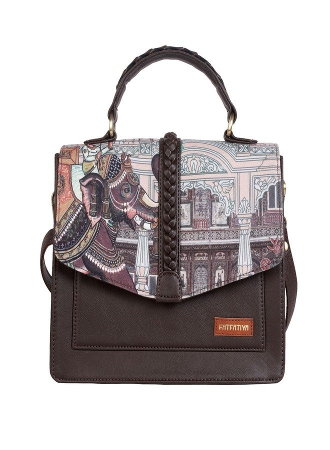 Fatfatiya Royal Elephant Print Satchel Handbag, Vegan Leather Structured Crossbody Bag with Adjustable Sling Strap for Office College Travel - Image 1