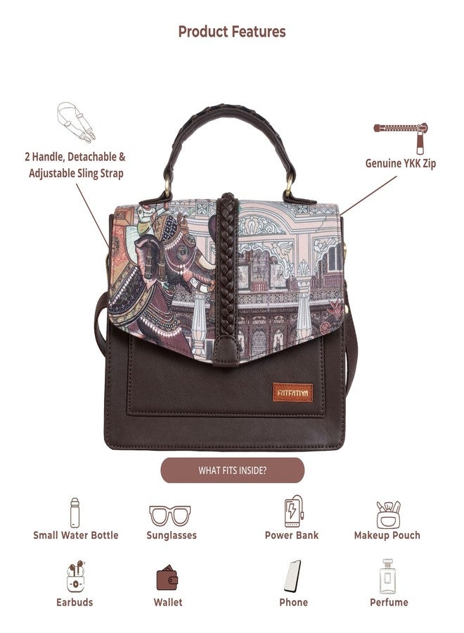 Fatfatiya Royal Elephant Print Satchel Handbag, Vegan Leather Structured Crossbody Bag with Adjustable Sling Strap for Office College Travel - Image 5