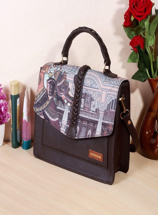 Fatfatiya Royal Elephant Print Satchel Handbag, Vegan Leather Structured Crossbody Bag with Adjustable Sling Strap for Office College Travel - Image 3