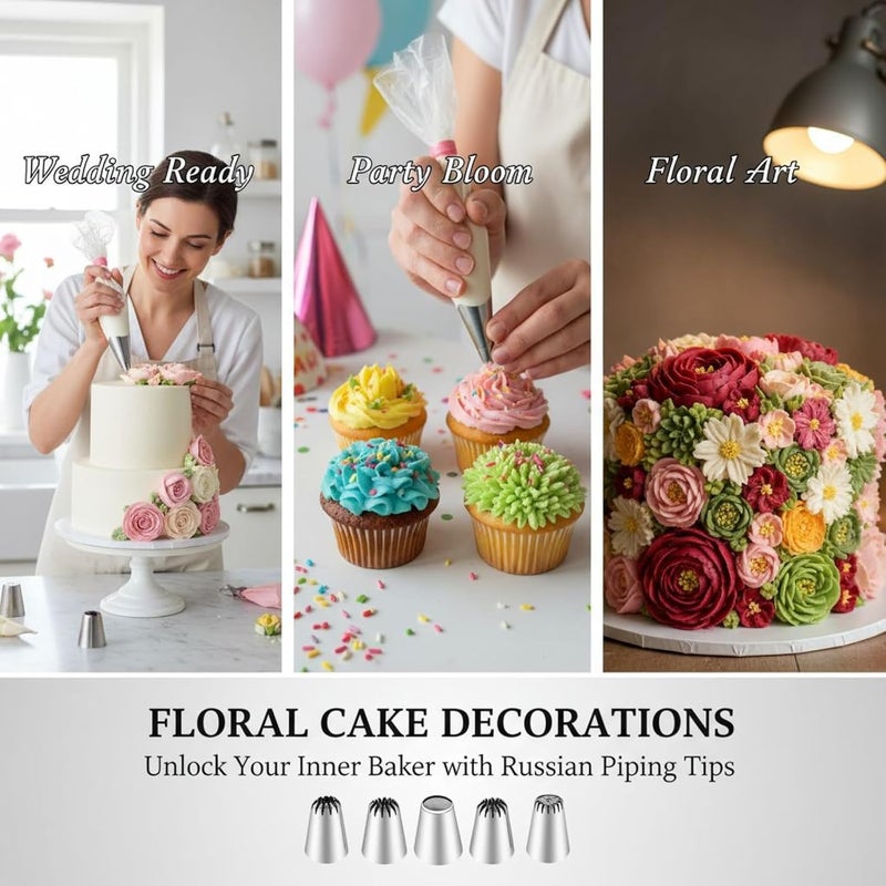 Russian Piping Tips, 5 Pcs Extra Large Stainless Steel Flower Icing Nozzles, Rose Floral Design for Cake Decorating, Cakes, Cupcakes, Wedding, Birthday Parties - Image 3