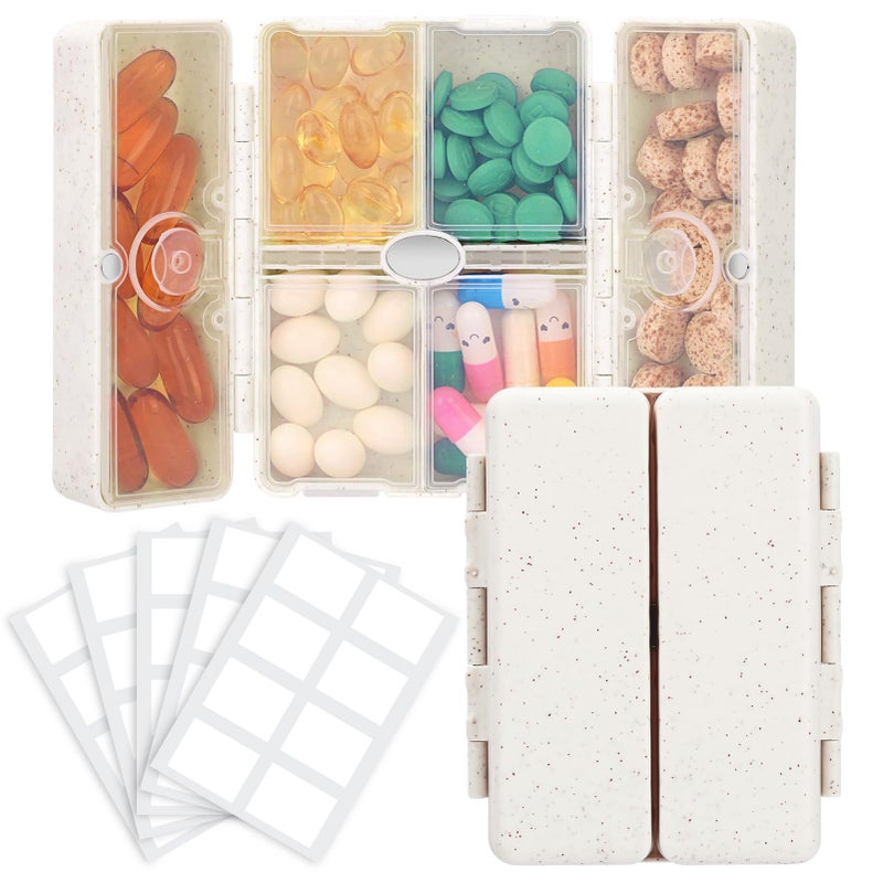 FYY Travel Pill Organizer with Blank Lables,6 Compartments Magnetic Pill Organizer Pill Box for Purse Pocket to Hold Vitamins,Cod Liver Oil,Supplements and Medication-Beige - Image 1