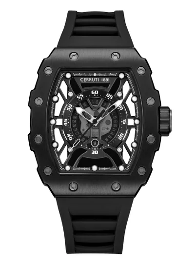 شيروتي 1881 Men's Gubbio Watch for Men - Tonneau Black Topring, Black Structure Dial, Black Silicone Strap