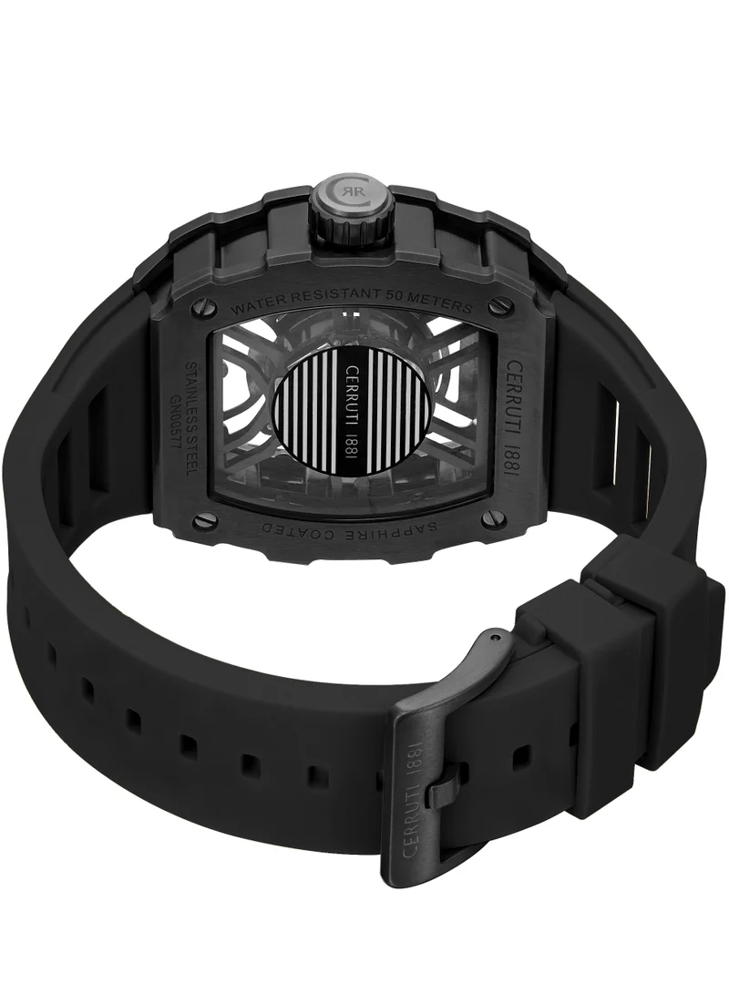CERRUTI 1881 Black Men's Gubbio Watch for Men - Tonneau Black Topring, Black Structure Dial, Black Silicone Strap for Men | Best Price UAE