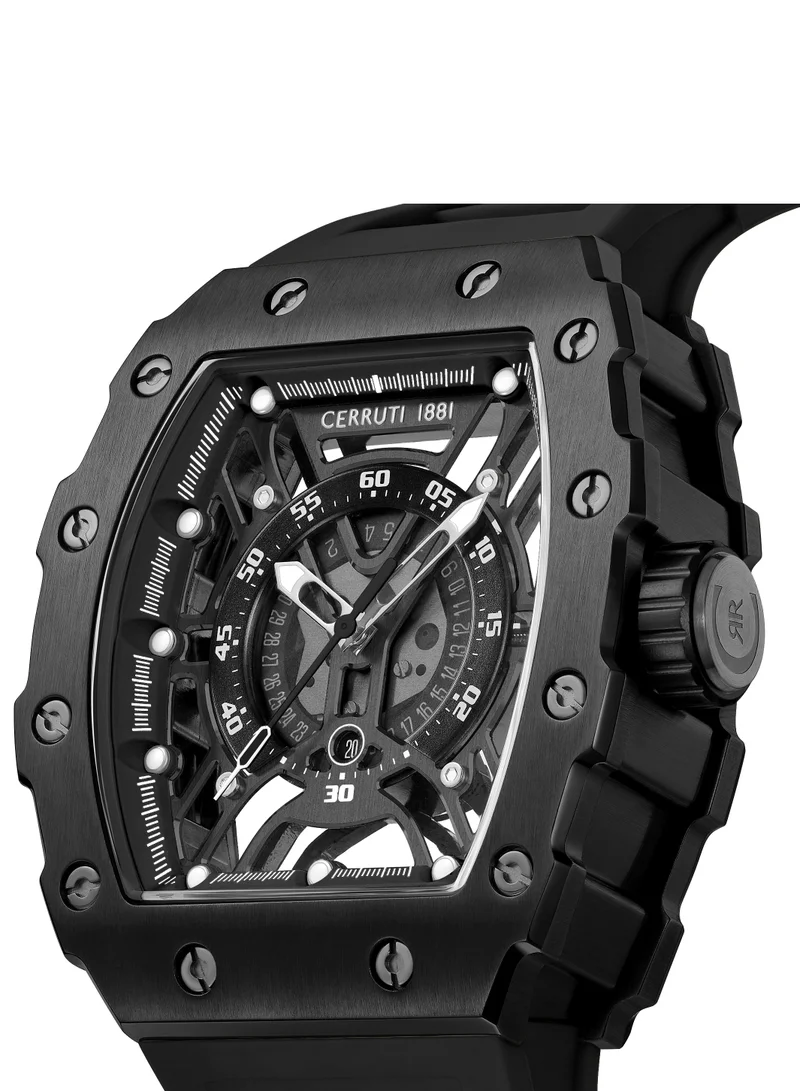 CERRUTI 1881 Black Men's Gubbio Watch for Men - Tonneau Black Topring, Black Structure Dial, Black Silicone Strap for Men | Best Price UAE