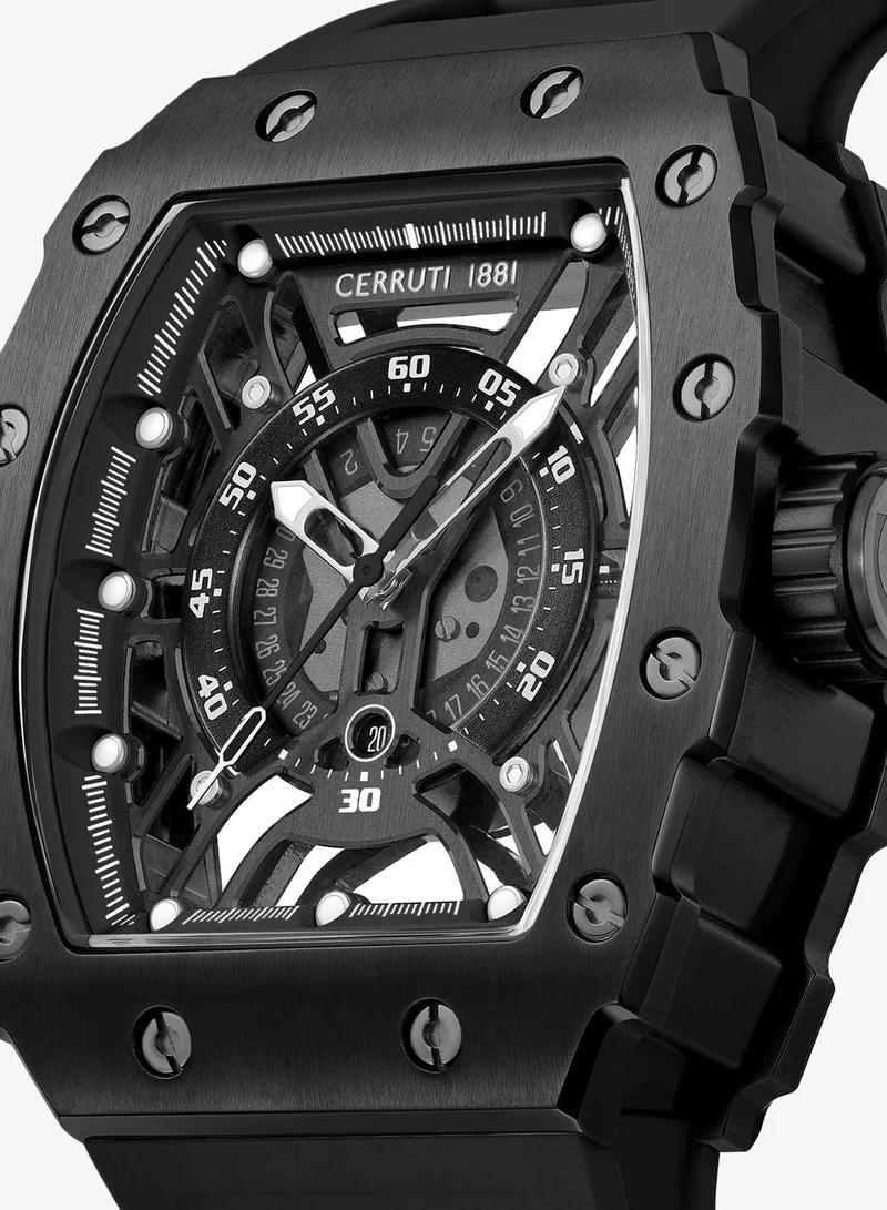 CERRUTI 1881 Black Men's Gubbio Watch for Men - Tonneau Black Topring, Black Structure Dial, Black Silicone Strap for Men | Best Price UAE