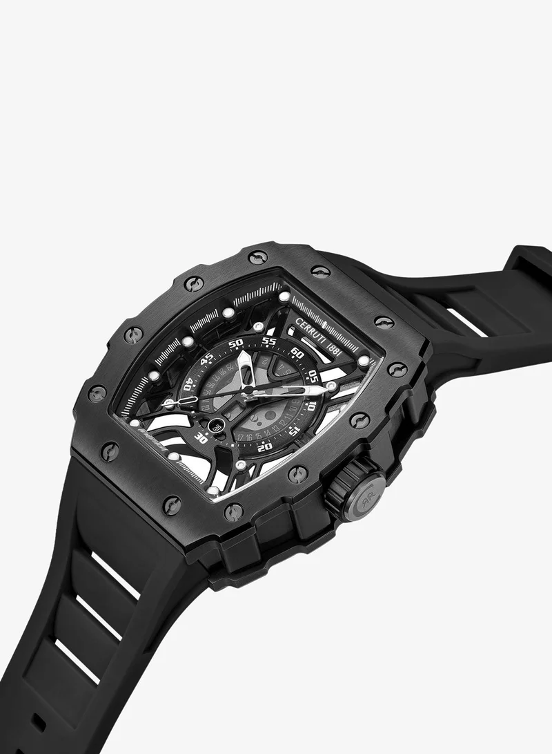 CERRUTI 1881 Gubbio Watch for Men - Tonneau Black Topring, Black Structure Dial, Black Silicone Strap