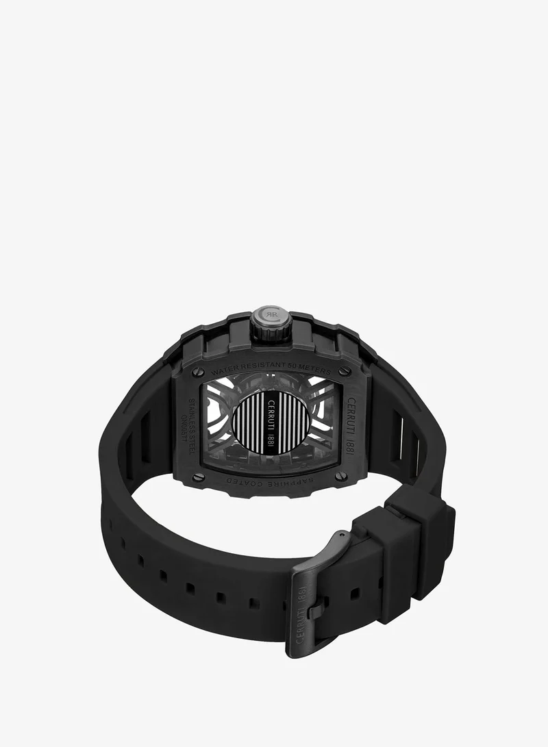 CERRUTI 1881 Black Men's Gubbio Watch for Men - Tonneau Black Topring, Black Structure Dial, Black Silicone Strap for Men | Best Price UAE