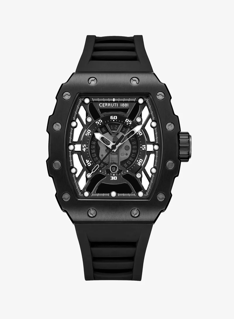 CERRUTI 1881 Gubbio Watch for Men - Tonneau Black Topring, Black Structure Dial, Black Silicone Strap