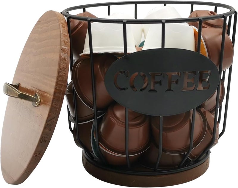 MFBJXC Round Coffee Pods Holder with Wooden Lid and Base,Wire Coffee Pods Storage Basket for Home Cafe Bar Countertop Decor(Black) - Image 2