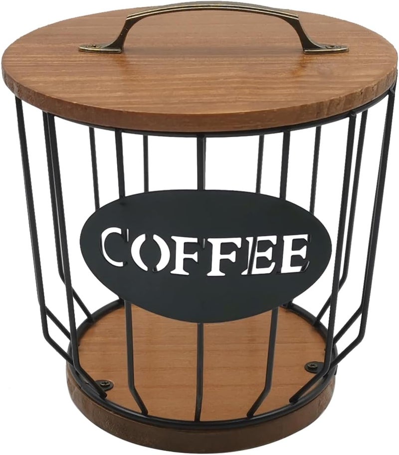 MFBJXC Round Coffee Pods Holder with Wooden Lid and Base,Wire Coffee Pods Storage Basket for Home Cafe Bar Countertop Decor(Black) - Image 1