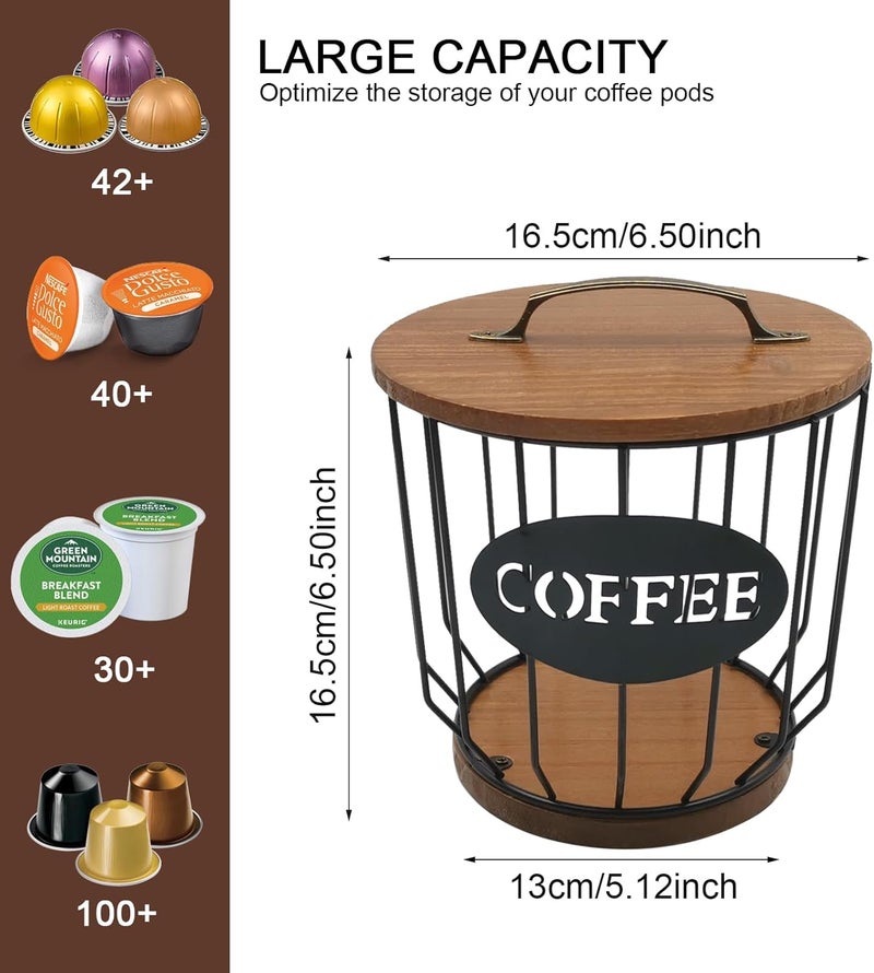 MFBJXC Round Coffee Pods Holder with Wooden Lid and Base,Wire Coffee Pods Storage Basket for Home Cafe Bar Countertop Decor(Black) - Image 4