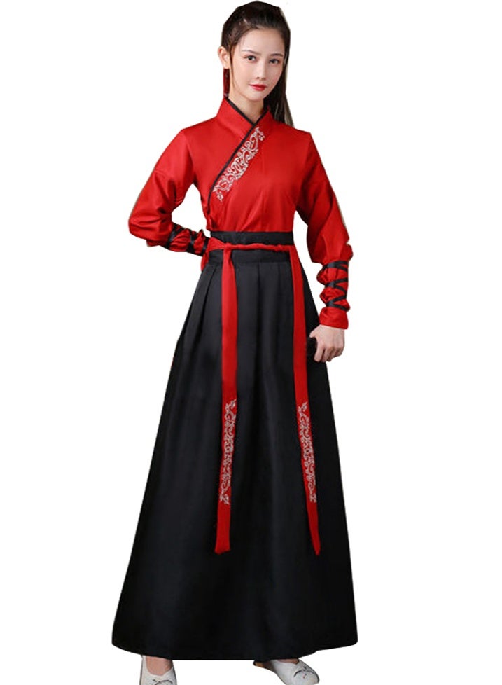 liannaner Women's  Hanfu Long dress  Costume - Red Cross-Collar Top with Silver Embroidery & Black High-Waist Skirt, Chinese Martial Arts Outfit for Stage Performance, Graduation Photos, Class Uniform or Daily Wear - Image 1
