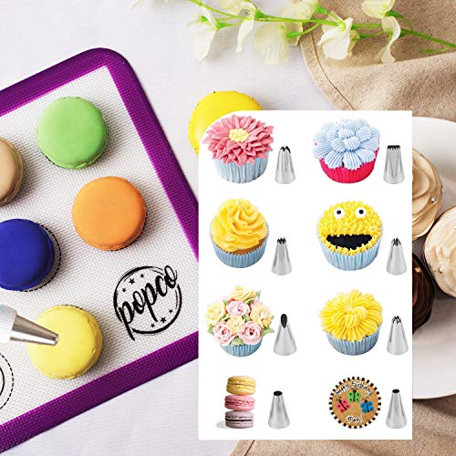 POPCO Macaron Baking Kit (19pcs Set) - 2 Half Size and 2 Quarter Size Silicone Macaron Baking Mats Plus 8 Piping Tips, 3 Piping Bags with 3 Bag Ties, 1 Coupler - Image 5