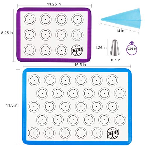 POPCO Macaron Baking Kit (19pcs Set) - 2 Half Size and 2 Quarter Size Silicone Macaron Baking Mats Plus 8 Piping Tips, 3 Piping Bags with 3 Bag Ties, 1 Coupler - Image 2