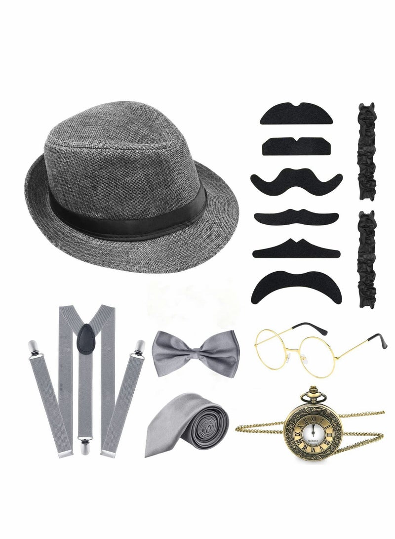 Y&D 14 Pieces 1920s Men Costume Accessories Set Roaring Retro Gangster Costume, Hat, Bow Tie, Pocket Watch, Suspender, Glasses, Beard, Armband Garters, Watch - Image 1