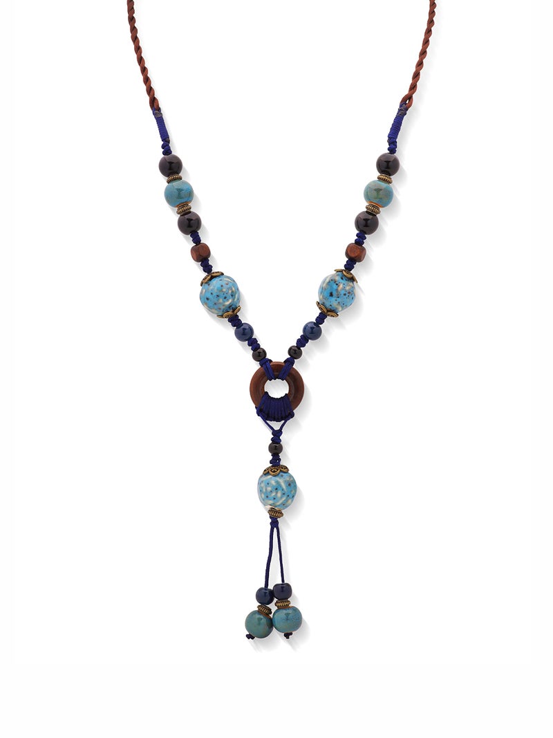 MINACHI Boho Hippie Blue Ceramic Beads Strand Wooden Ring Circle Necklace, Vintage Bohemian Statement Jewelry Gift for Women - Image 1