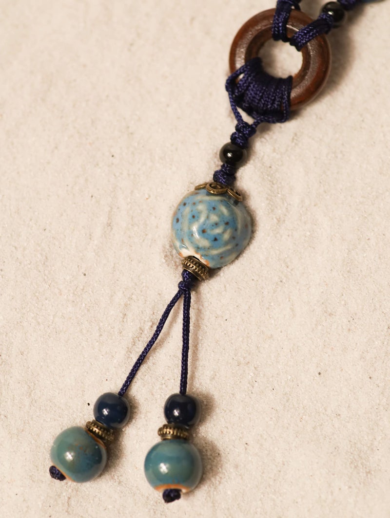 MINACHI Boho Hippie Blue Ceramic Beads Strand Wooden Ring Circle Necklace, Vintage Bohemian Statement Jewelry Gift for Women - Image 5