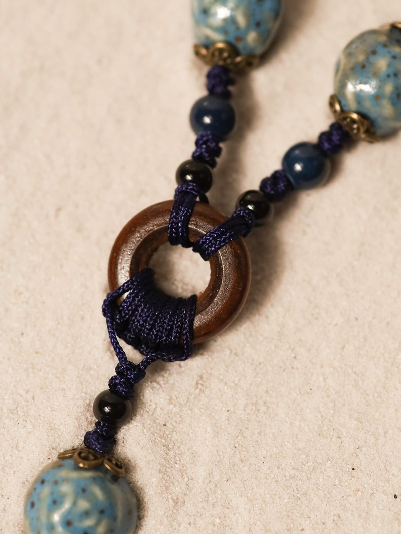 MINACHI Boho Hippie Blue Ceramic Beads Strand Wooden Ring Circle Necklace, Vintage Bohemian Statement Jewelry Gift for Women - Image 4
