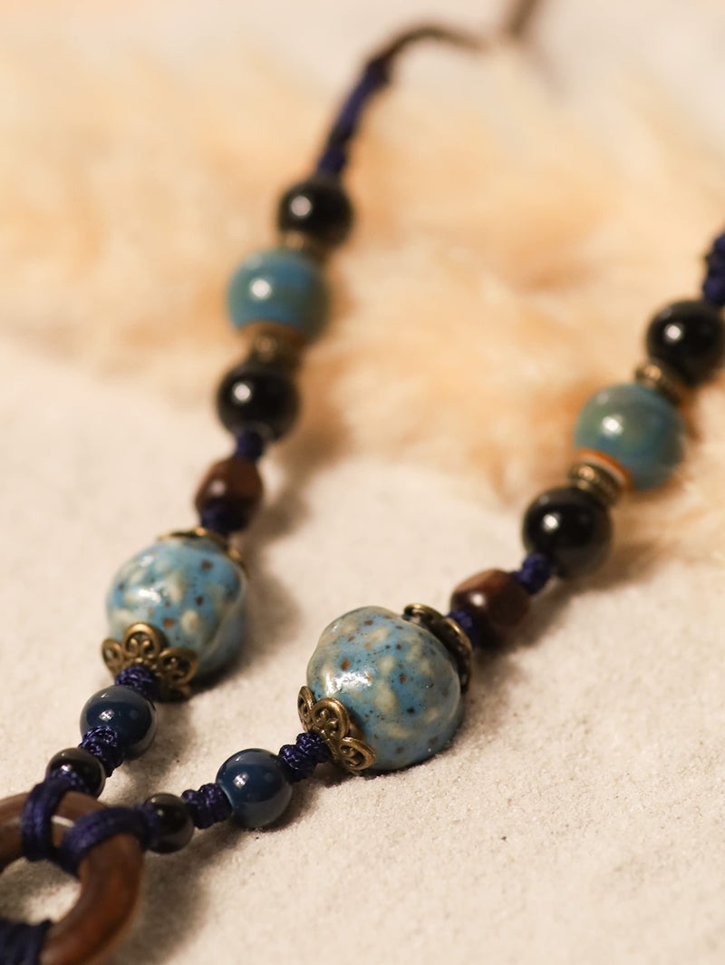 MINACHI Boho Hippie Blue Ceramic Beads Strand Wooden Ring Circle Necklace, Vintage Bohemian Statement Jewelry Gift for Women - Image 3