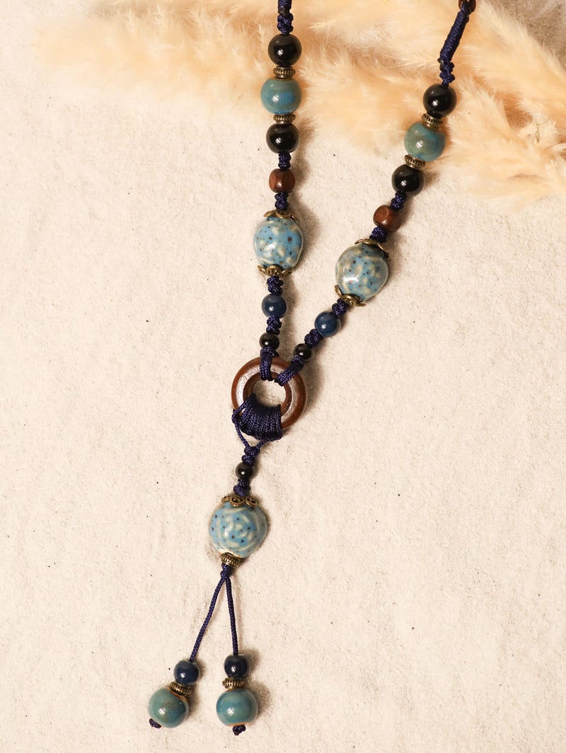 MINACHI Boho Hippie Blue Ceramic Beads Strand Wooden Ring Circle Necklace, Vintage Bohemian Statement Jewelry Gift for Women - Image 2