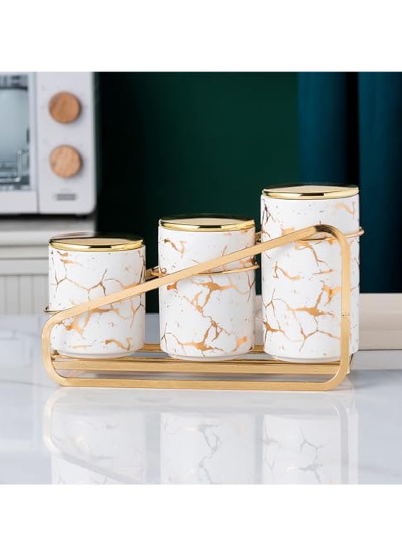 Arabest Ceramic Canister Set for Kitchen Countertop - A Set of 3 Kitchen Canisters with Tiered Shelf, Airtight Countertop Flour and Sugar Containers, Coffee and Tea Storage (White) - Image 1