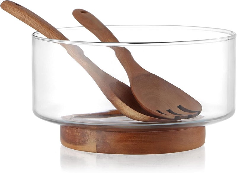 MDLUU Large Glass Salad Bowl with Wood Utensils Set, Serving Bowls for Salad, Layered Fruit Trifle - Image 1