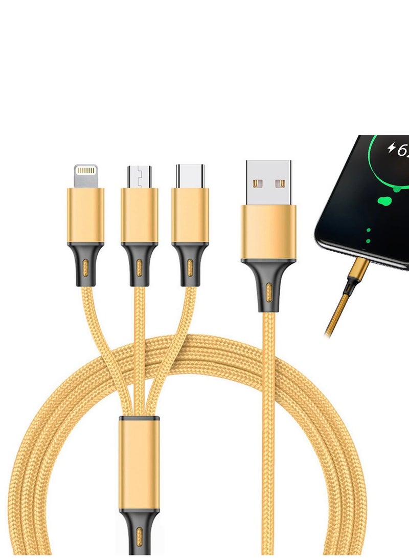 Festive Gallery 3 in 1 Charging Cable, Multi Charging Cable 1.2M Multi Charger Cable Fast Charging with Type-C, Micro USB and iPhone Port, Compatible with iPhone 14 13 Galaxy S20 S9 & Micro USB 1 Meter ( Gold ) - Image 1