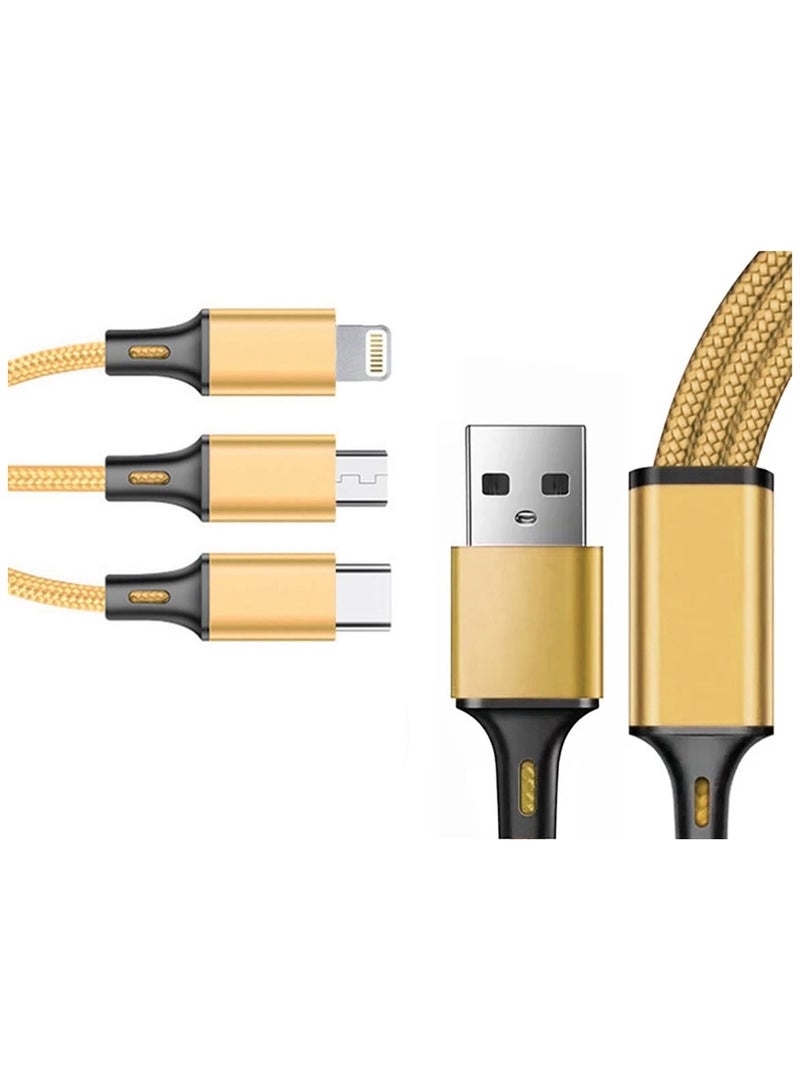 Festive Gallery 3 in 1 Charging Cable, Multi Charging Cable 1.2M Multi Charger Cable Fast Charging with Type-C, Micro USB and iPhone Port, Compatible with iPhone 14 13 Galaxy S20 S9 & Micro USB 1 Meter ( Gold ) - Image 4