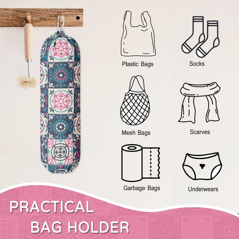 LeCorner Plastic Bag Holder, Reusable Grocery Bag Holder for Plastic Bags Groceries Store, Flower Canvas Trash Plastic Bag Organizer Storage Holders for Home Kitchen Pantry Decor (Colorful Boho Style) - Image 3