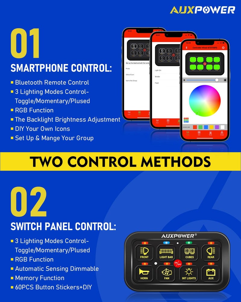 Auxpower RGB 8 Gang Switch Panel with App Control Turn On/Off Momentary Pulsed Multifunction 12V Switch Panel for Truck Circuit Control Relay System Switch Panel Waterproof for Car Boat Truck RV - Image 2