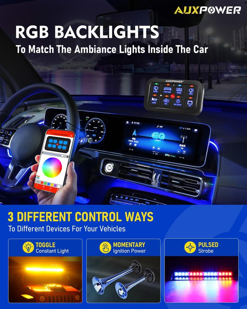 Auxpower RGB 8 Gang Switch Panel with App Control Turn On/Off Momentary Pulsed Multifunction 12V Switch Panel for Truck Circuit Control Relay System Switch Panel Waterproof for Car Boat Truck RV - Image 4